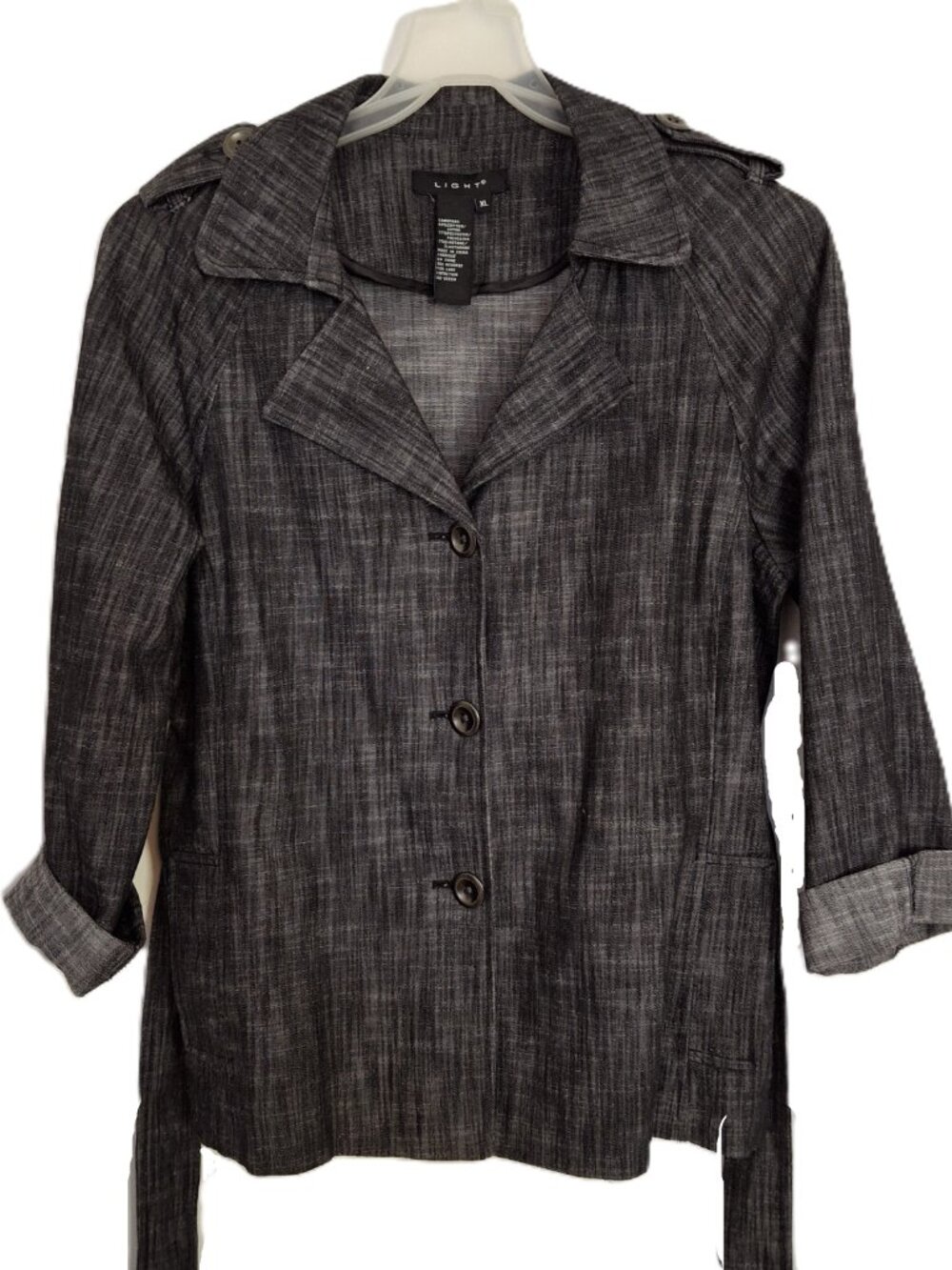 Trench Coat Sz XL Grey /Black Jacket w Belt Long Sleeves Single Breasted